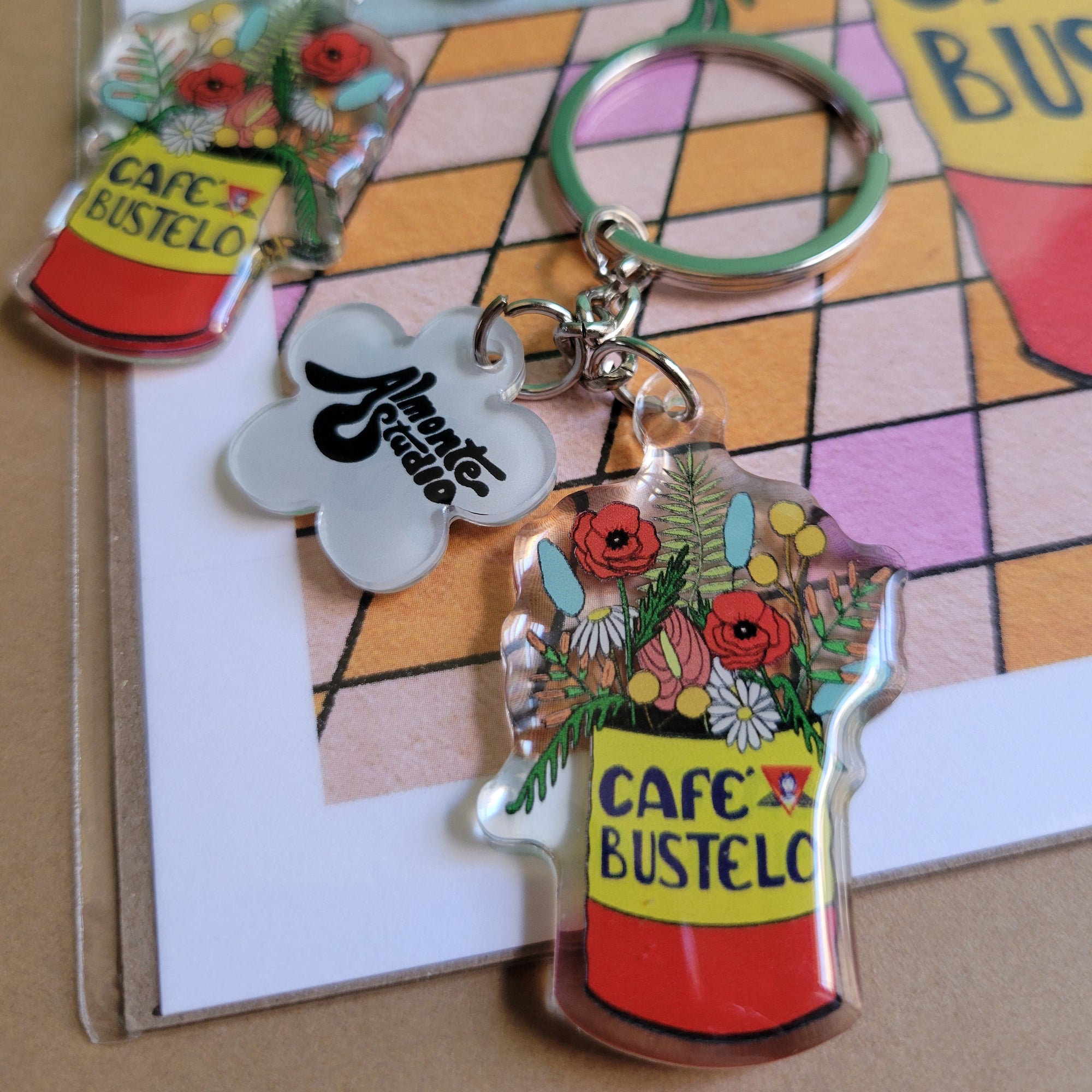 Keychain with Cafe Bustelo branding on a colorful background
