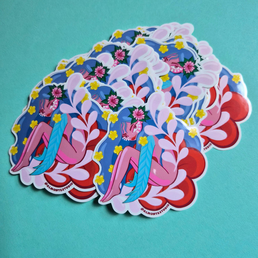 Colorful sticker with abstract design on a teal background